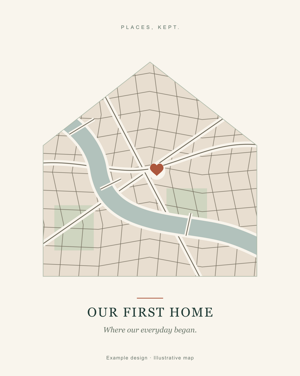 Our First Home canvas map example with a house-shaped map and a heart marking a meaningful place; illustrative artwork.