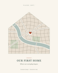 Our First Home canvas map example with a house-shaped map and a heart marking a meaningful place; illustrative artwork.