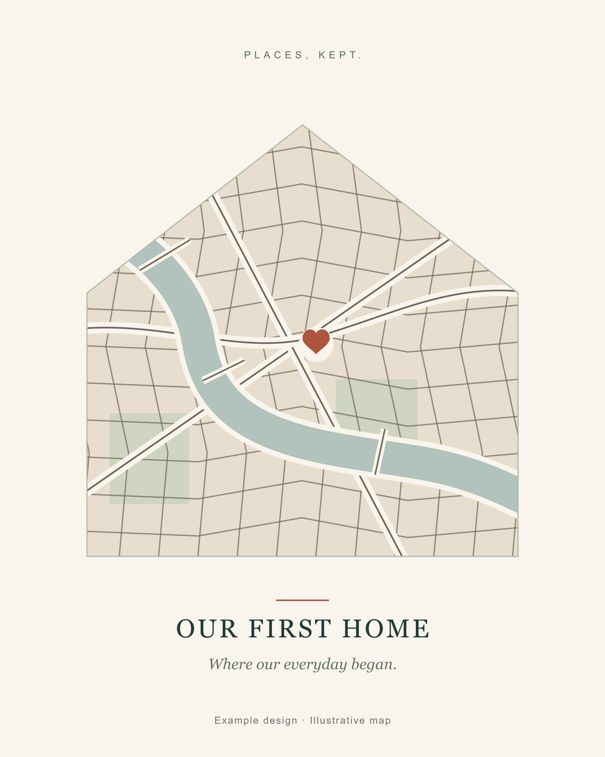 Our First Home canvas map example with a house-shaped map and a heart marking a meaningful place; illustrative artwork.