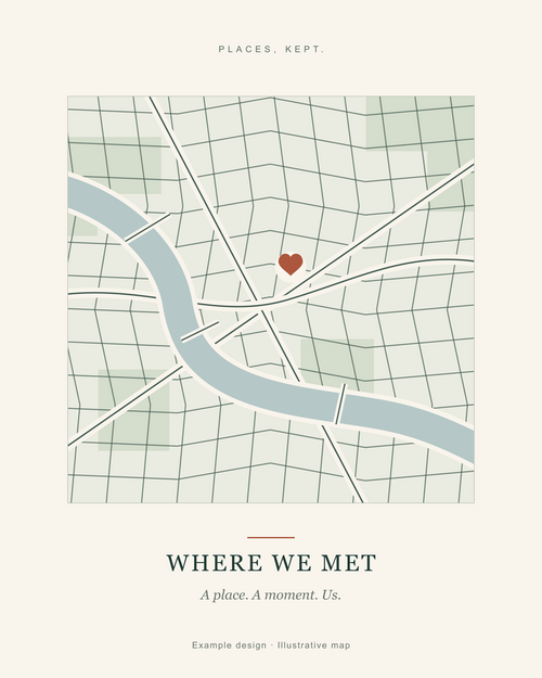 Where We Met personalized canvas map — original illustrative design, not a real-location preview.