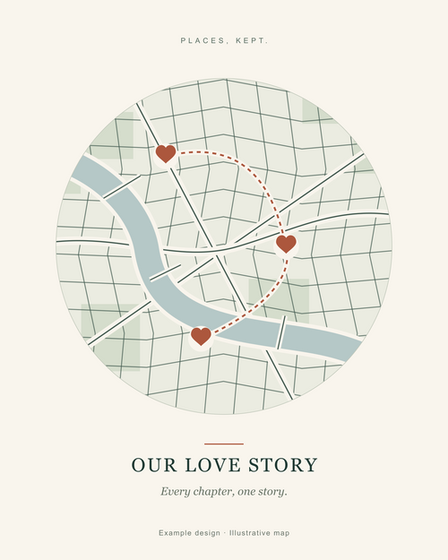 Our Love Story canvas map example with a circular map, three heart markers, and a dotted route; illustrative artwork.