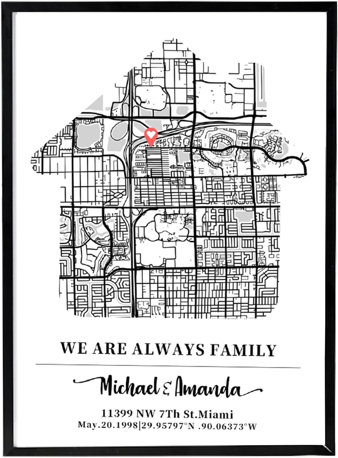 Yosayd personalized house-shaped map print with custom names and message, shown in a display frame. Unframed print; frame not included.