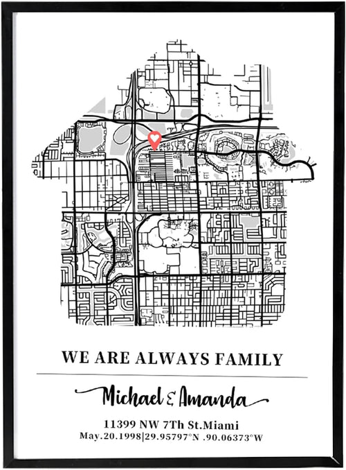 Yosayd personalized house-shaped map print with custom names and message, shown in a display frame. Unframed print; frame not included.