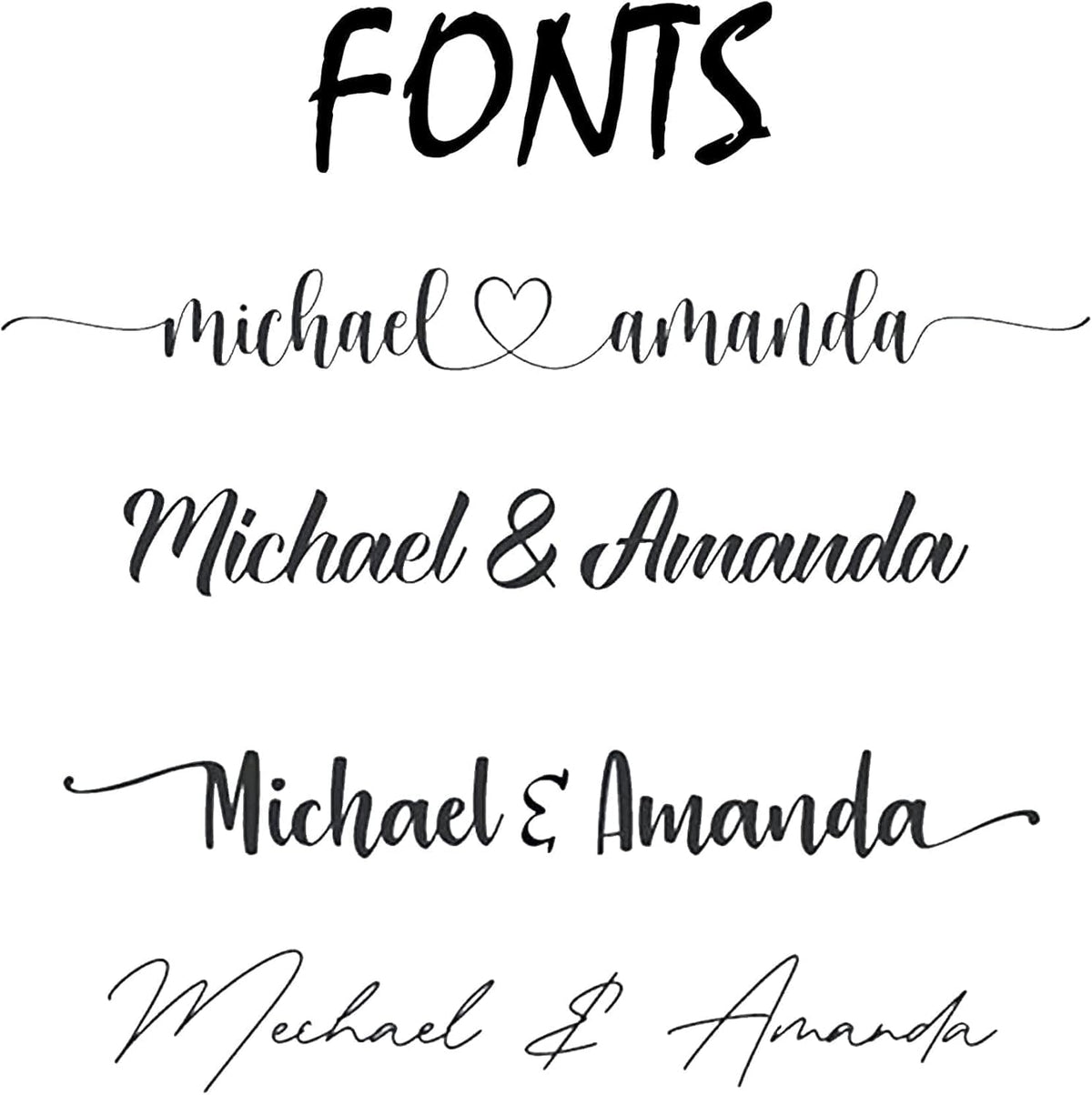 Four calligraphy font style examples for personalized names on a Yosayd custom map print.