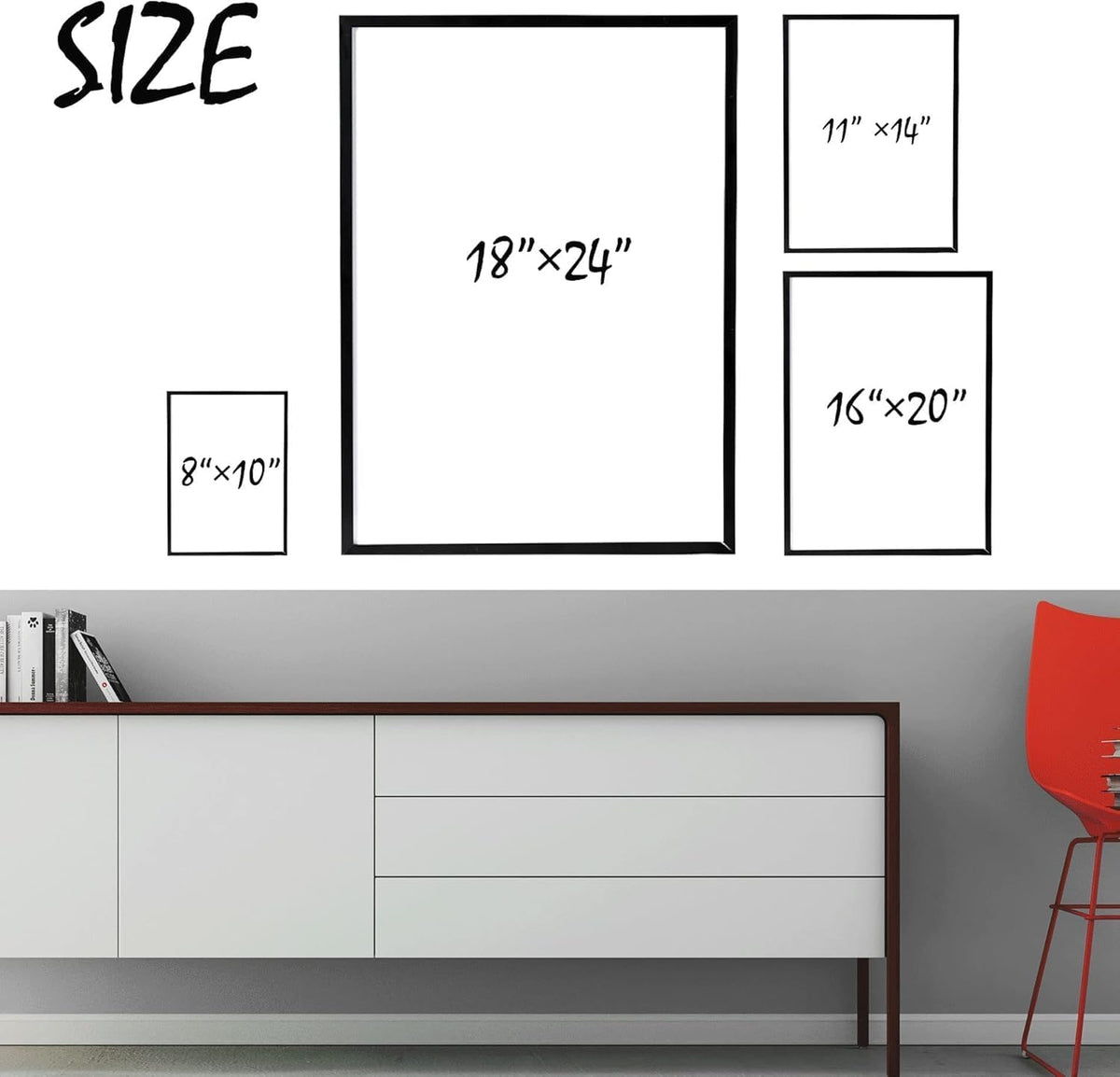 Print size guide: 8x10, 11x14, 16x20 and 18x24 inches. Display frames illustrate scale only; frames are not included.