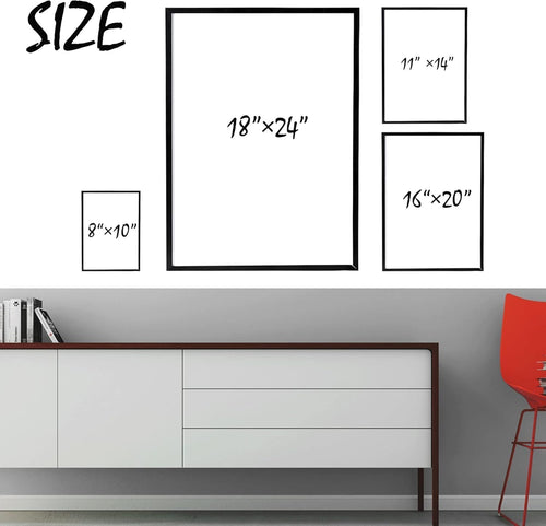 Print size guide: 8x10, 11x14, 16x20 and 18x24 inches. Display frames illustrate scale only; frames are not included.