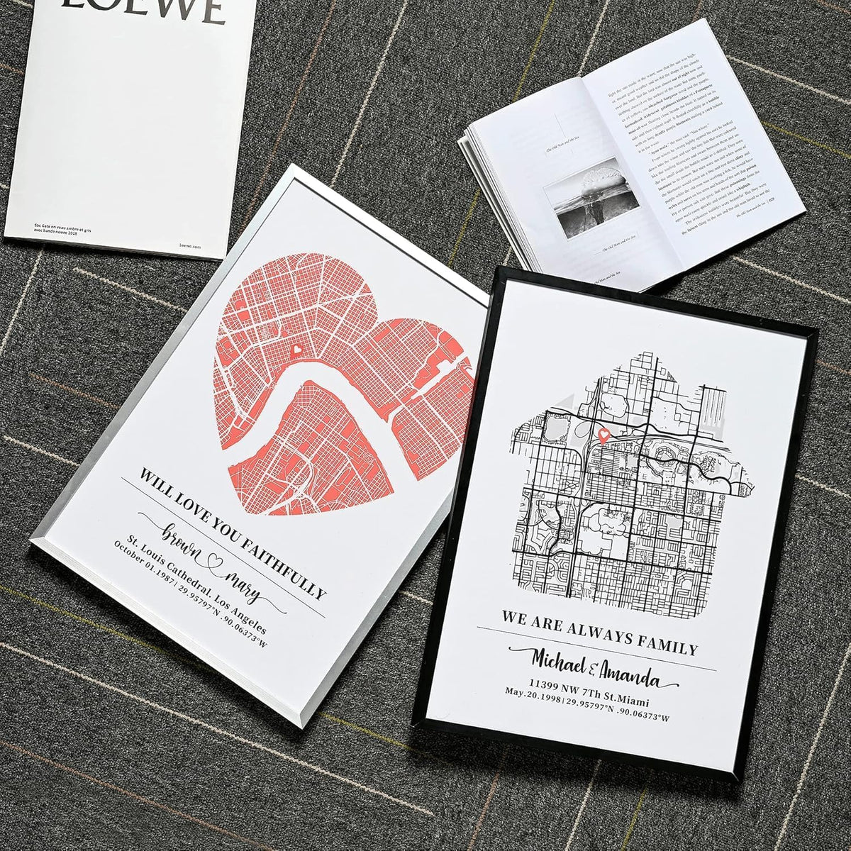Personalized house-shaped and heart-shaped map print display examples for home decor. Frames are not included.